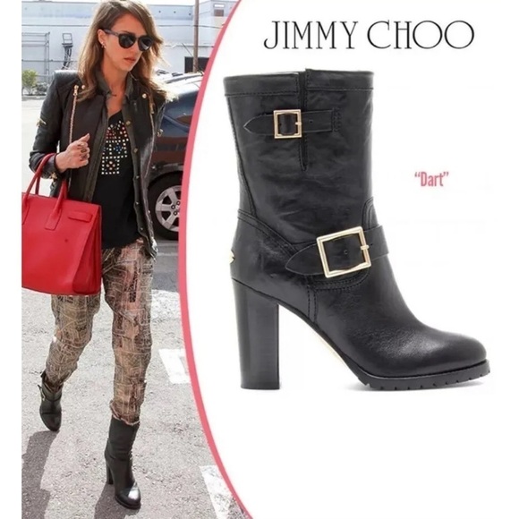 Jimmy Choo Dart Biker Black Leather Moto Combat Mid-Calf Buckle Bootie - Picture 1 of 16